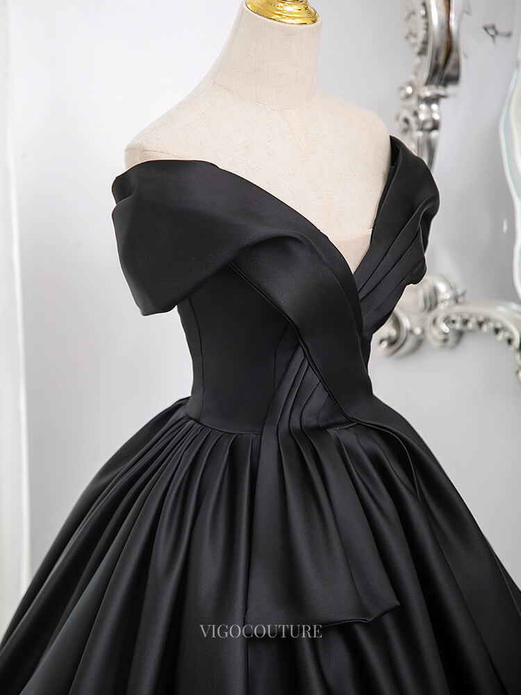 Black Satin Prom Dresses with V-Neck, Off the Shoulder Formal Gown BG0 vigocouture Black Satin Prom Dresses with V-Neck, Off the Shoulder Formal Gown BG0 vigocouture