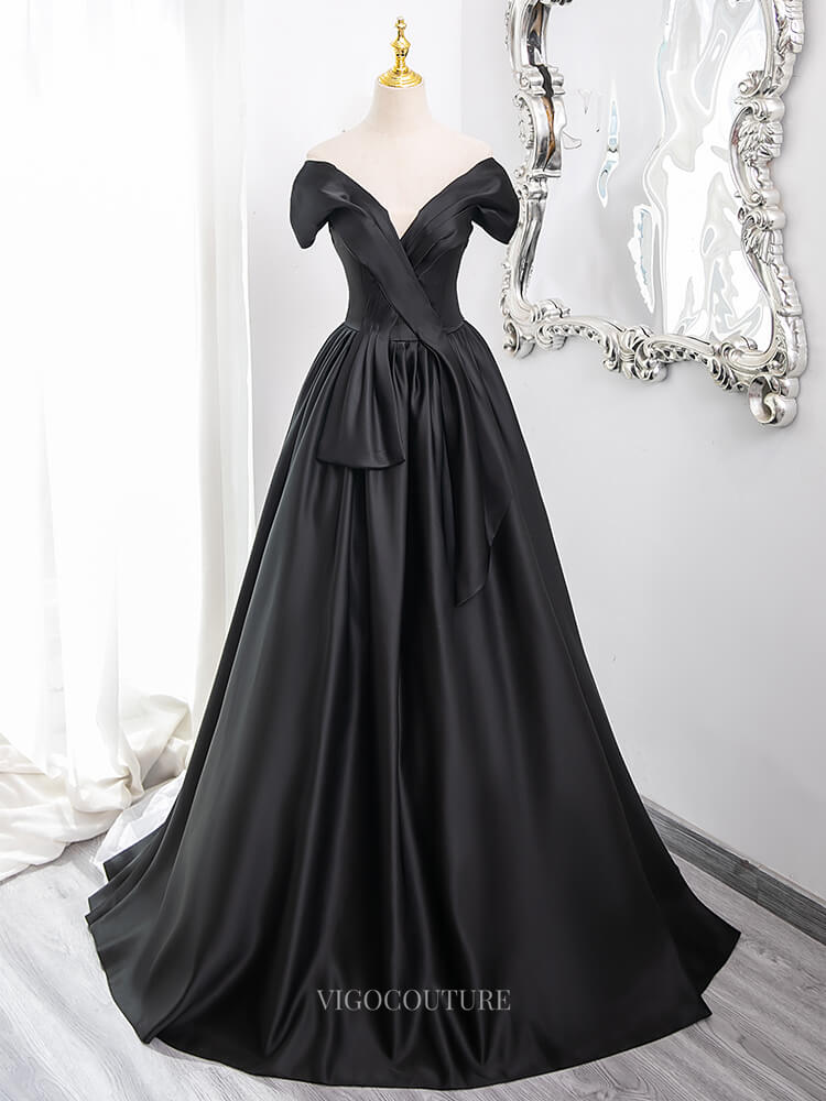 Black Satin Prom Dresses with V-Neck, Off the Shoulder Formal Gown BG008 Black / US0 Black Satin Prom Dresses with V-Neck, Off the Shoulder Formal Gown BG008 Black / US0