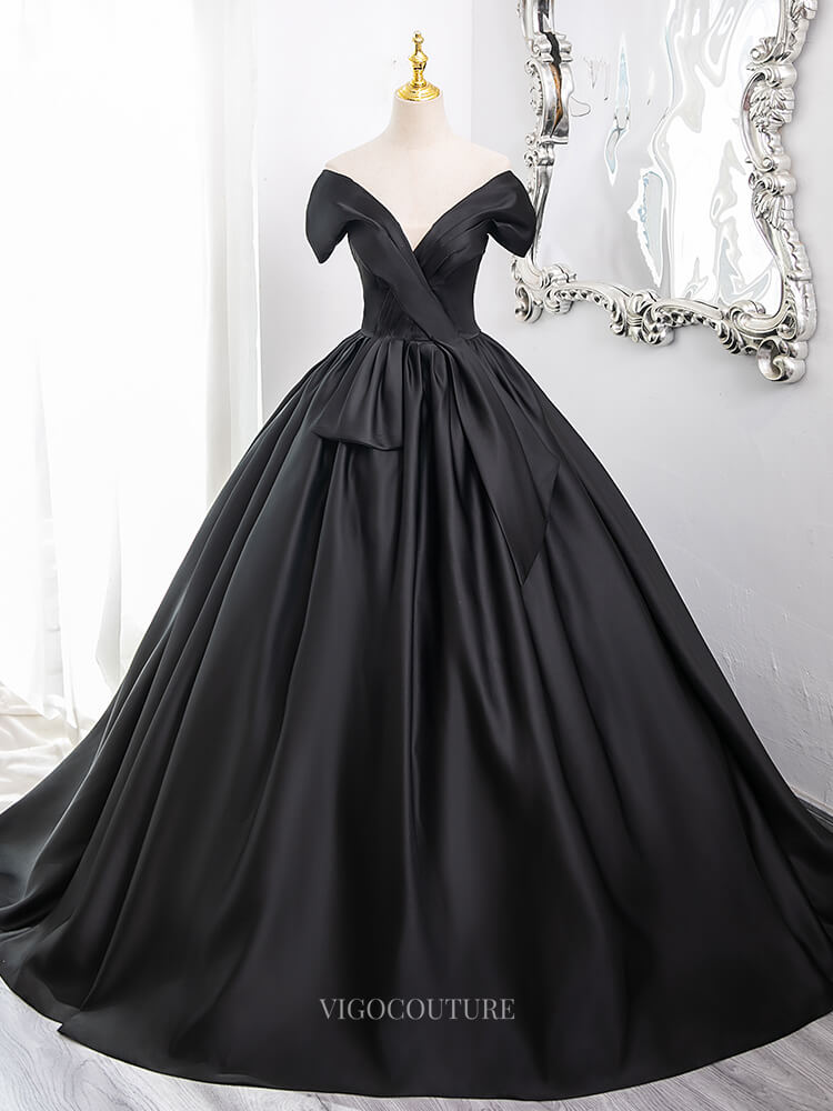 Prom Dresses 2025 to impress Black Satin Prom Dresses with V-Neck, Off the Shoulder Formal Gown BG008-vigocouture-Black-Custom Size-vigocouture