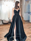 Prom Dress 2025 Black Satin Spaghetti Strap Prom Dress 20387-unique elegant Prom Dresses-Black-US2-vigocouture