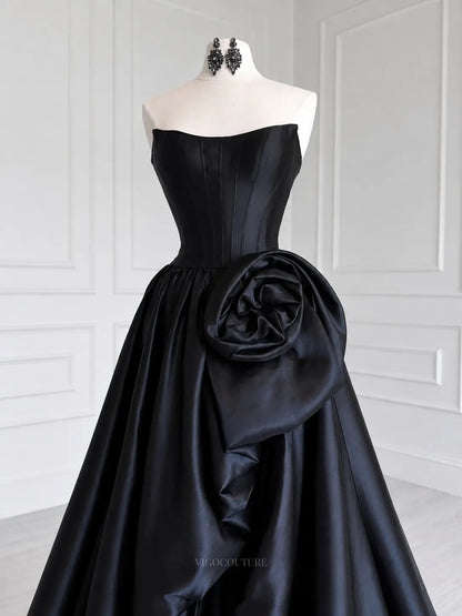Prom Dresses 2025 to impress Black Satin Strapless Prom Dress with Corset Bodice and Oversized Side Rosette - P26022-vigocouture-vigocouture