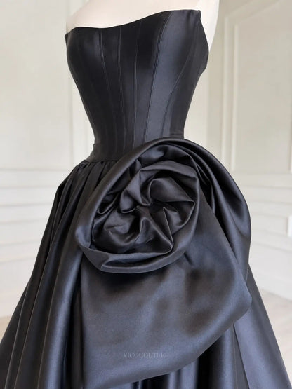 Prom Dresses 2025 to impress Black Satin Strapless Prom Dress with Corset Bodice and Oversized Side Rosette - P26022-vigocouture-vigocouture