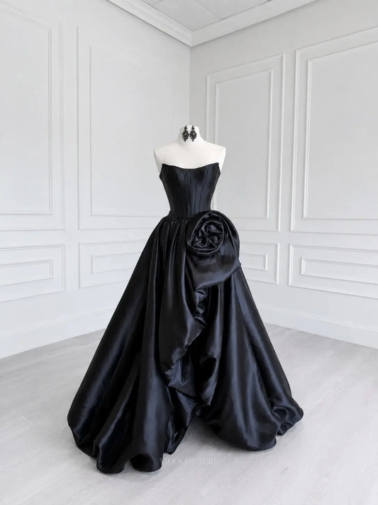 Prom Dresses 2025 to impress Black Satin Strapless Prom Dress with Corset Bodice and Oversized Side Rosette - P26022-vigocouture-vigocouture