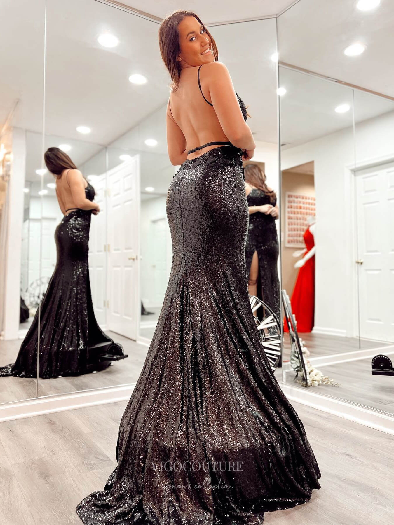 Black Sequin Mermaid Prom Dresses with Slit 3D Flower Lace Applique 24 vigocouture Black Sequin Mermaid Prom Dresses with Slit 3D Flower Lace Applique 24 vigocouture