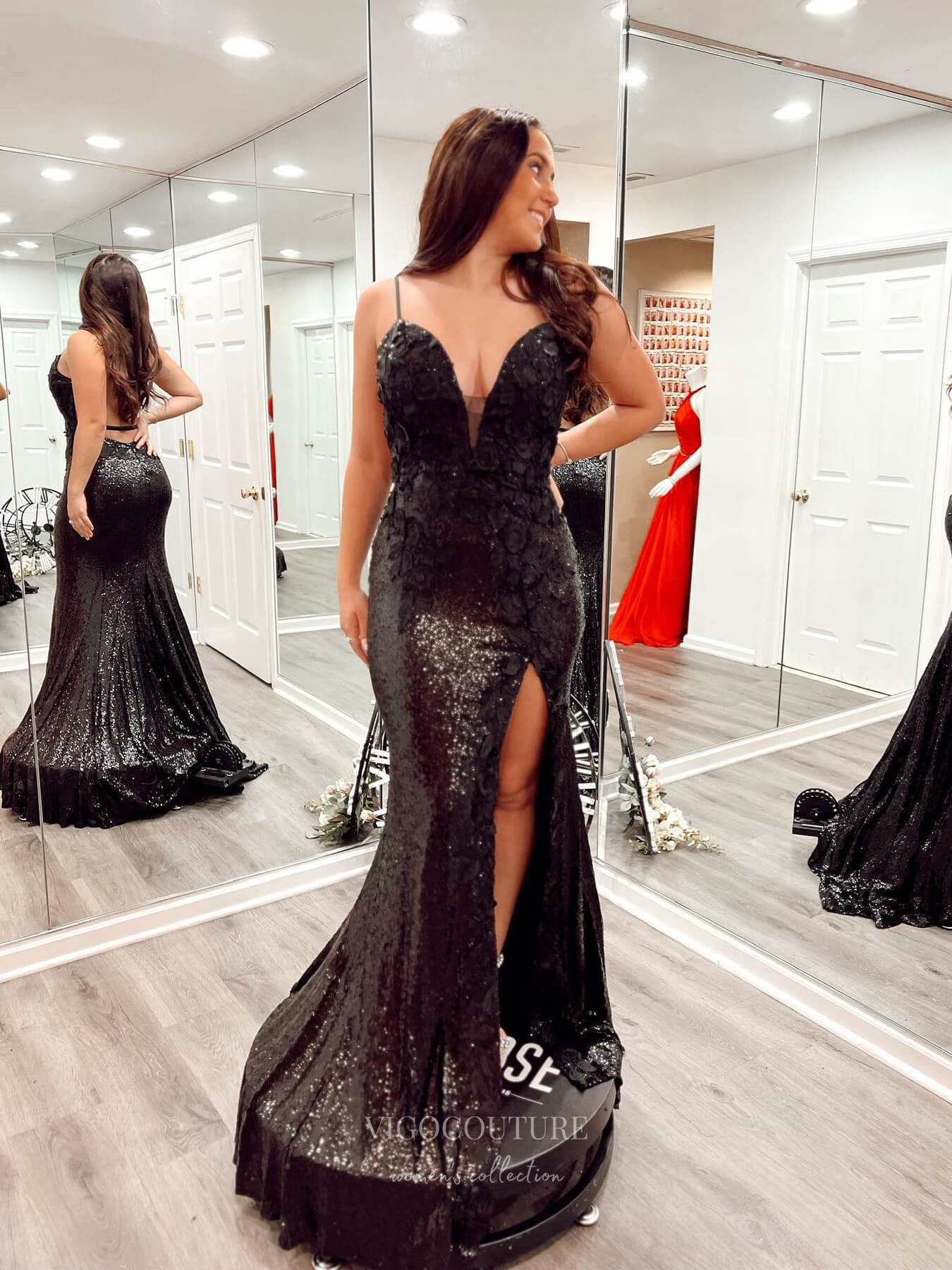 Prom Dress 2025 Black Sequin Mermaid Prom Dresses with Slit 3D Flower Lace Applique 24071-unique elegant Prom Dresses-Black-Custom Size-vigocouture