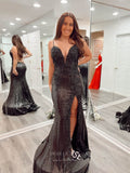 Prom Dress 2025 Black Sequin Mermaid Prom Dresses with Slit 3D Flower Lace Applique 24071-unique elegant Prom Dresses-Black-Custom Size-vigocouture