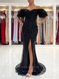 Black Sequin Prom Dresses with Slit Mermaid Off the Shoulder Prom Dress 20946