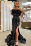 Prom Dress 2025 Black Sequin Prom Dresses with Slit Strapless Feather Evening Dress 21896-unique elegant Prom Dresses-Black-US2-vigocouture