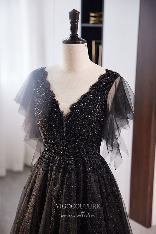 Black Shimmering Beaded Prom Dress with V-Neck 22316 Black / 16W Black Shimmering Beaded Prom Dress with V-Neck 22316 Black / 16W
