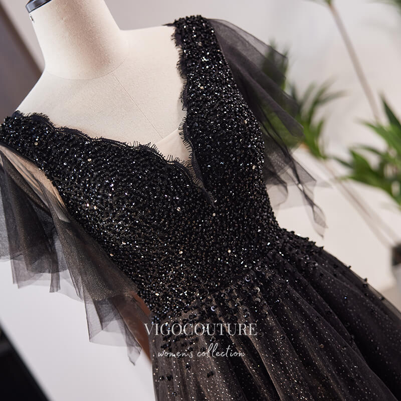 black v neck beaded prom dress Furlla Women Luxury Black Beaded Mermaid Prom Gown with Plunging Neckline & Slit, Black / US12