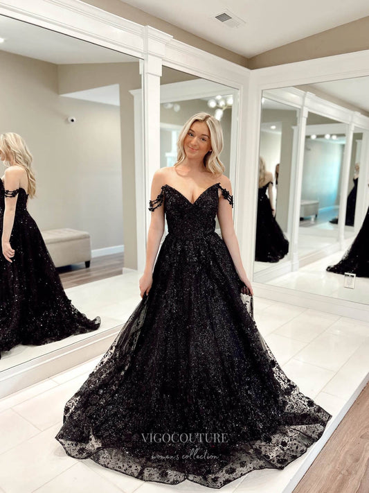 Prom Dress 2025 Black Shimmering Tulle Prom Dresses Lace Applique Off the Shoulder 24124-unique elegant Prom Dresses-Black-Custom Size-vigocouture