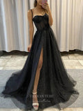 Prom Dress 2025 Black Spaghetti Strap Prom Dresses With Slit Sparkly Tulle Evening Dress 21710-unique elegant Prom Dresses-Black-US2-vigocouture