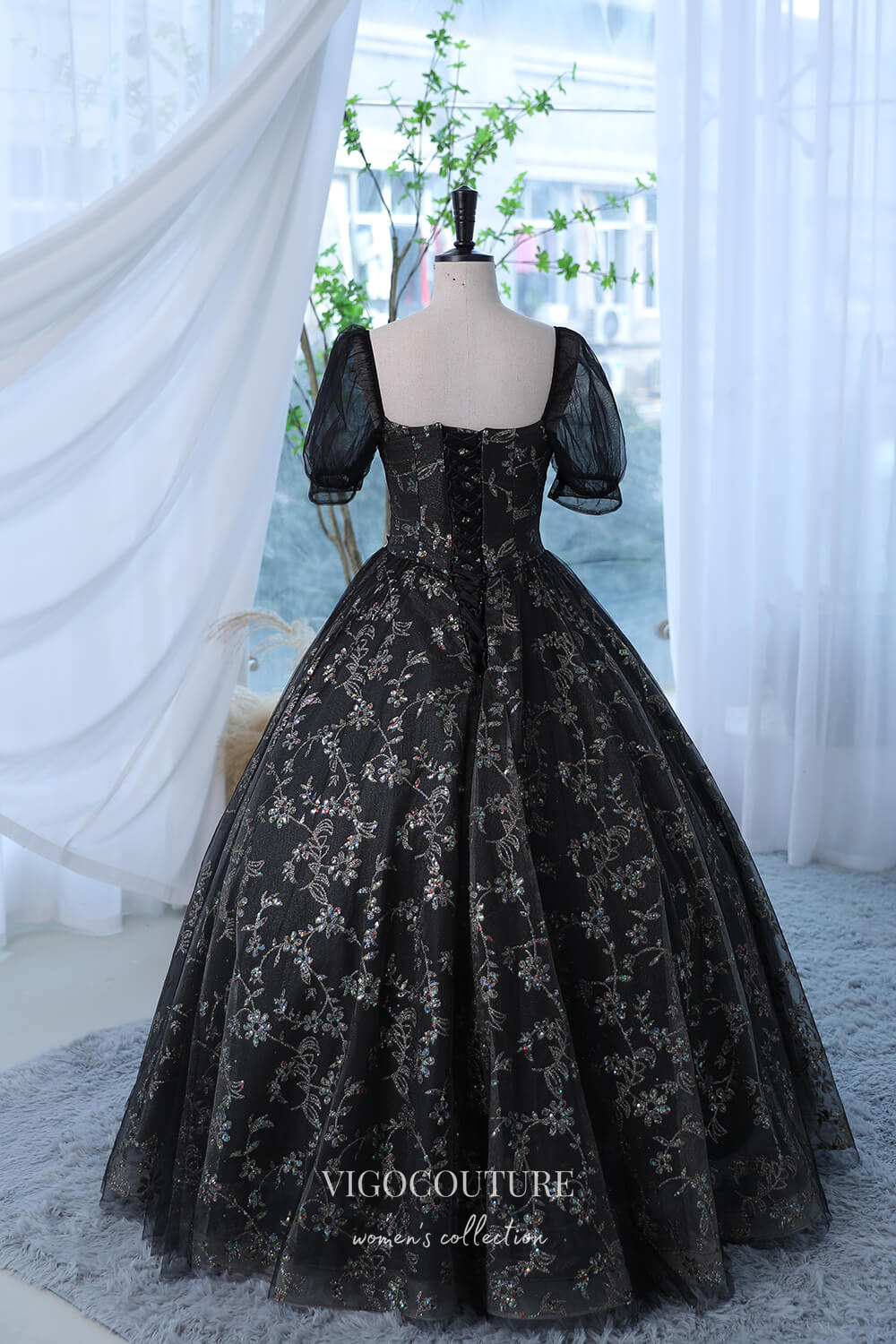 Prom Dress 2025 Black Sparkly Lace Applique Prom Dress with Puffed Sleeve 22292-unique elegant Prom Dresses-Black-Custom Size-vigocouture