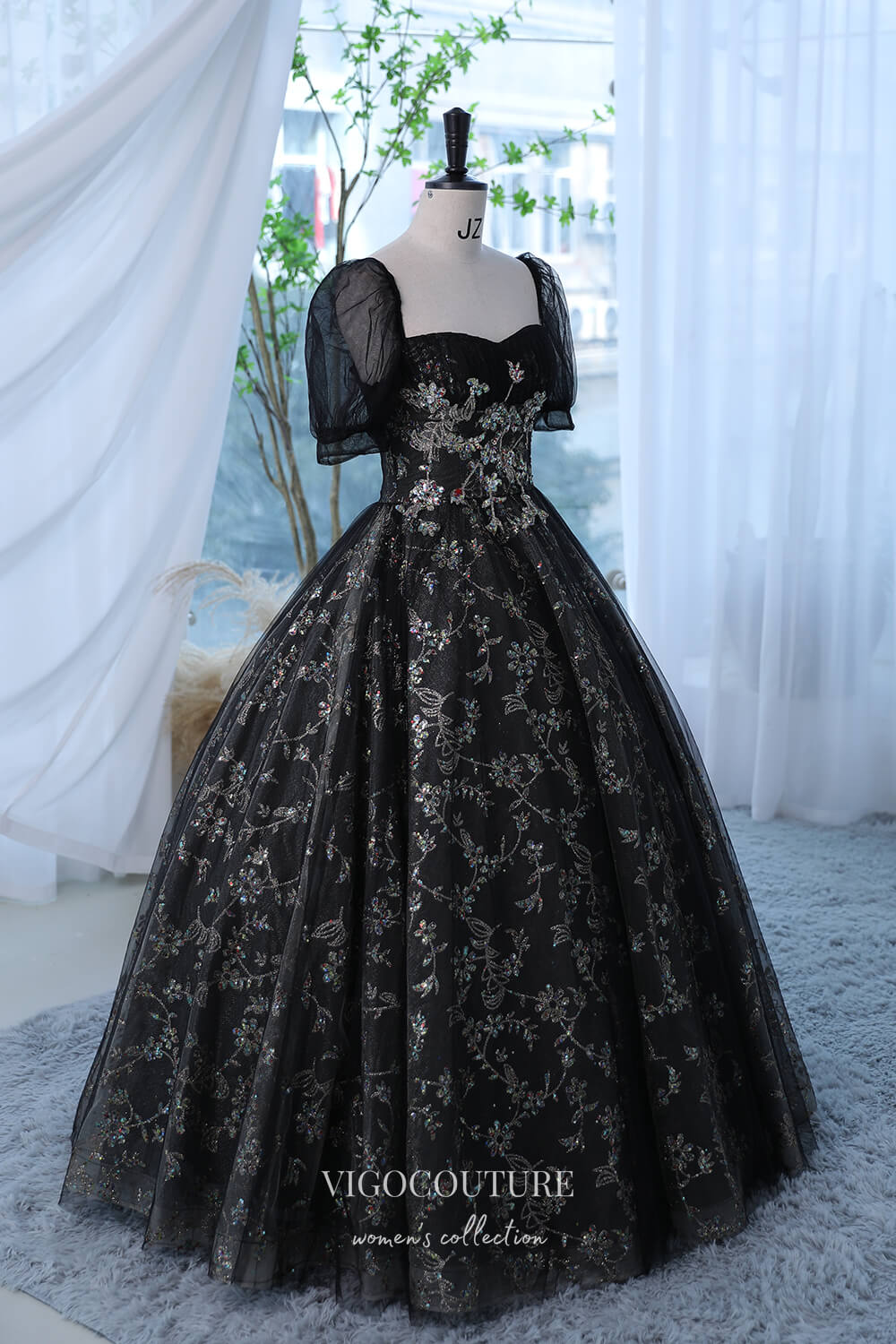 Prom Dress 2025 Black Sparkly Lace Applique Prom Dress with Puffed Sleeve 22292-unique elegant Prom Dresses-Black-Custom Size-vigocouture