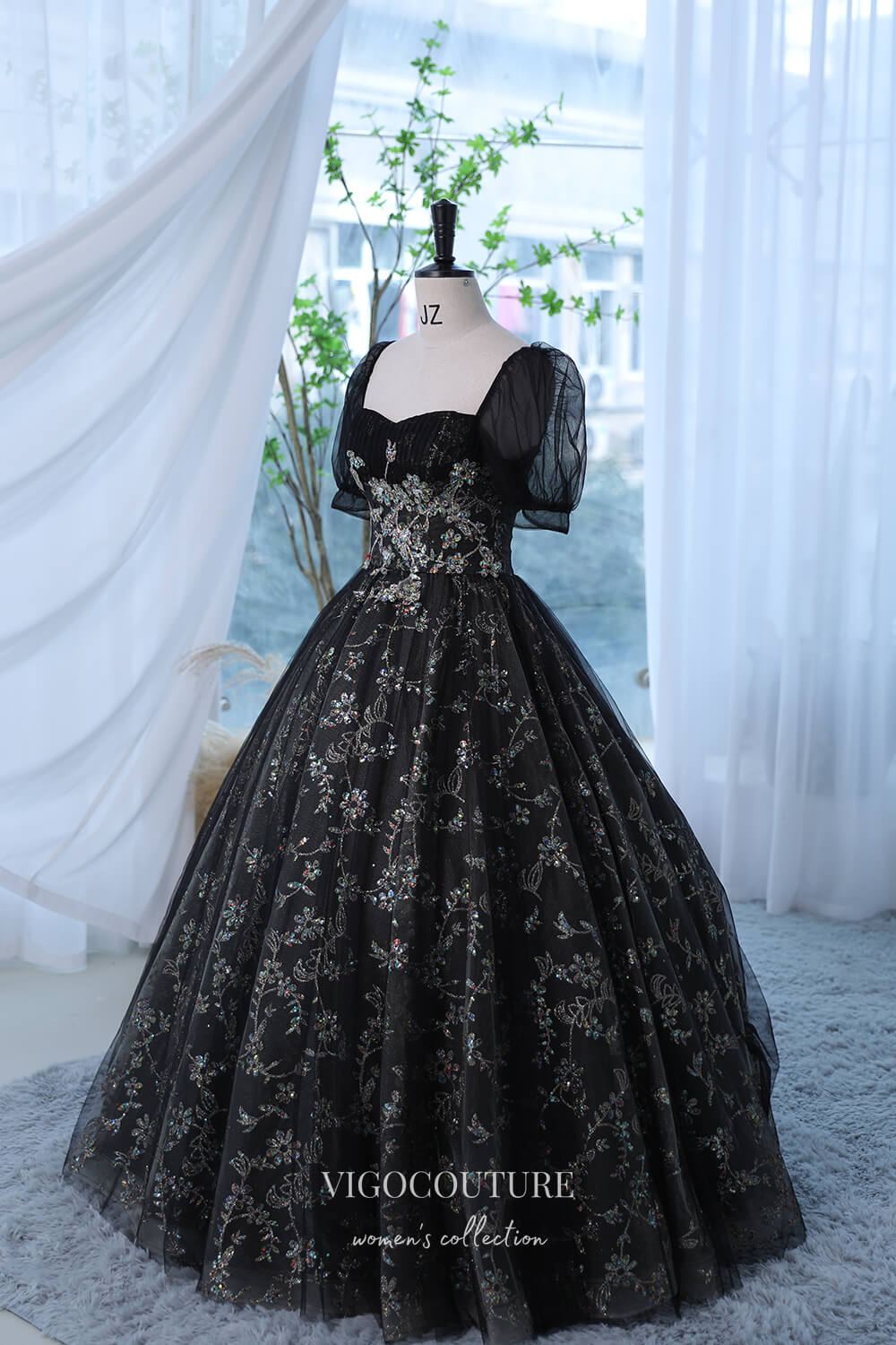 Prom Dress 2025 Black Sparkly Lace Applique Prom Dress with Puffed Sleeve 22292-unique elegant Prom Dresses-Black-Custom Size-vigocouture