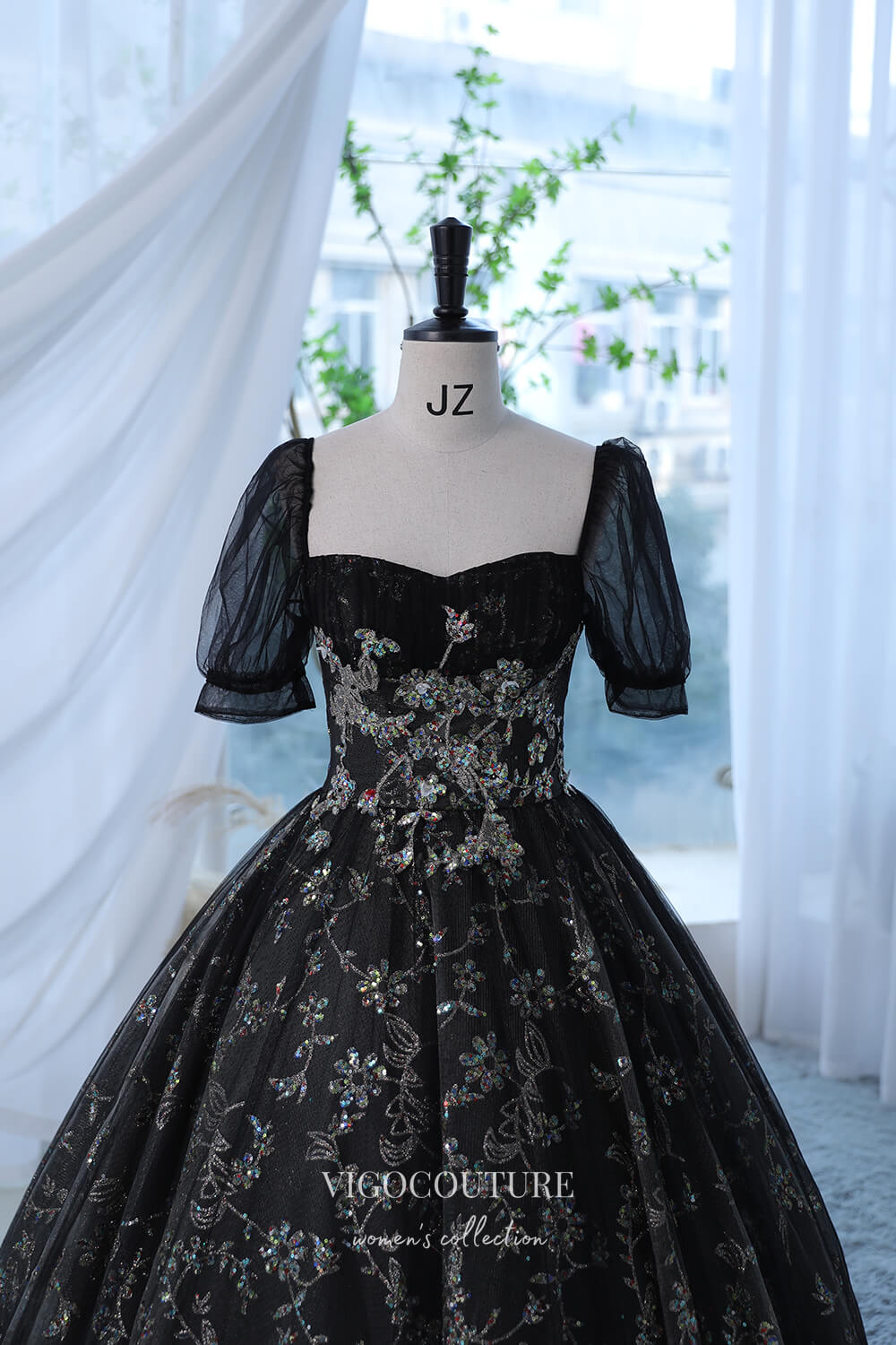 Black Sparkly Lace Applique Prom Dress with Puffed Sleeve 22292 vigocouture Black Sparkly Lace Applique Prom Dress with Puffed Sleeve 22292 vigocouture