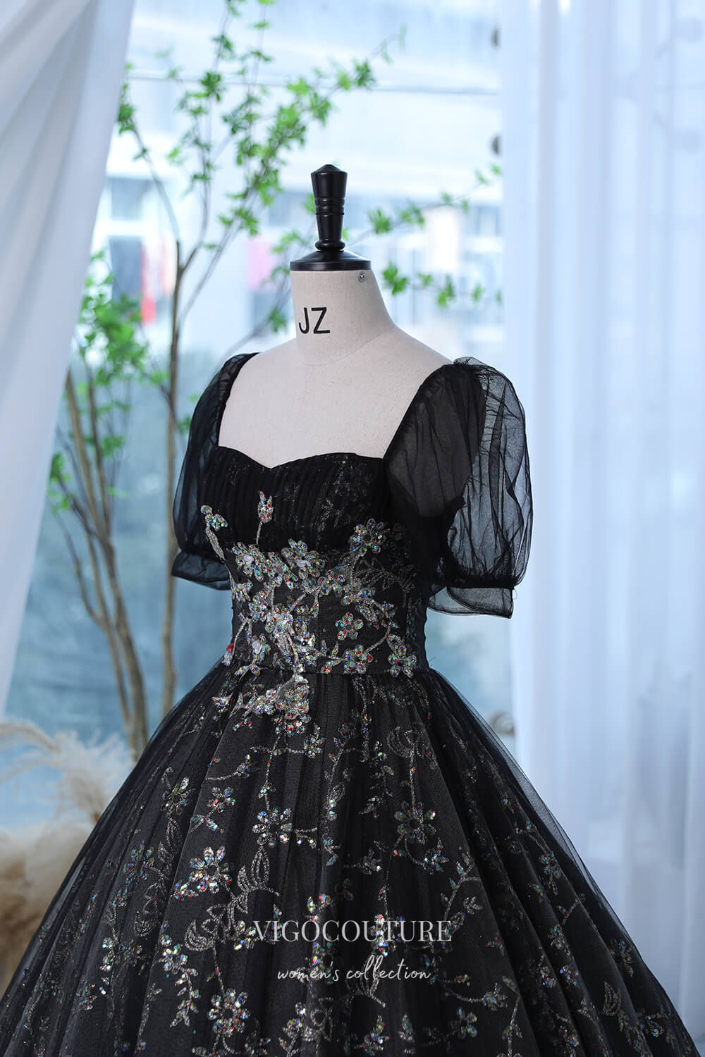 Prom Dress 2025 Black Sparkly Lace Applique Prom Dress with Puffed Sleeve 22292-unique elegant Prom Dresses-Black-Custom Size-vigocouture