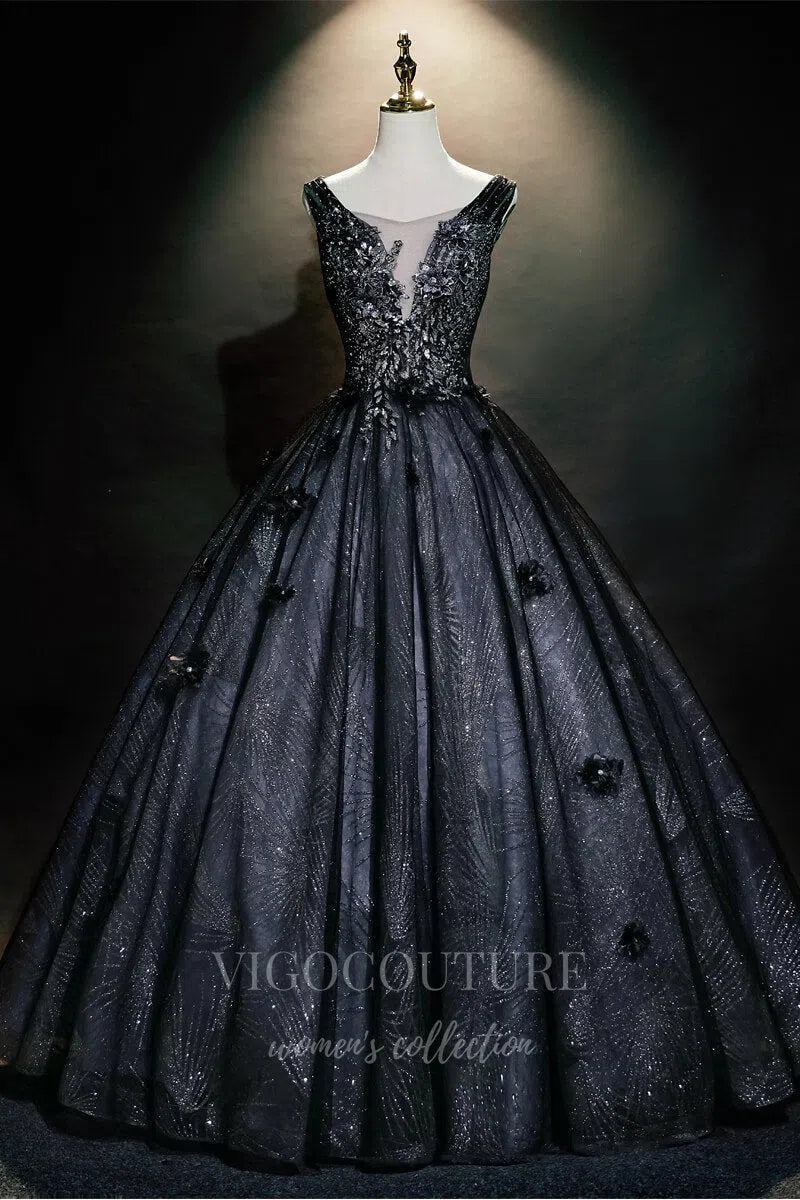 vigocouture-Black Sparkly Lace Quinceañera Dresses Lace Applique Ball Gown 20482-Prom Dresses-vigocouture-