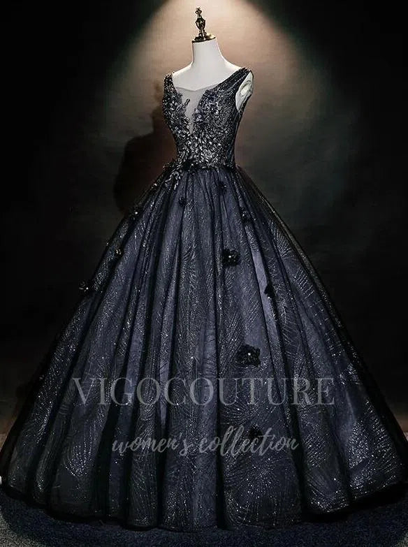 vigocouture-Black Sparkly Lace Quinceañera Dresses Lace Applique Ball Gown 20482-Prom Dresses-vigocouture-Black-Custom Size-