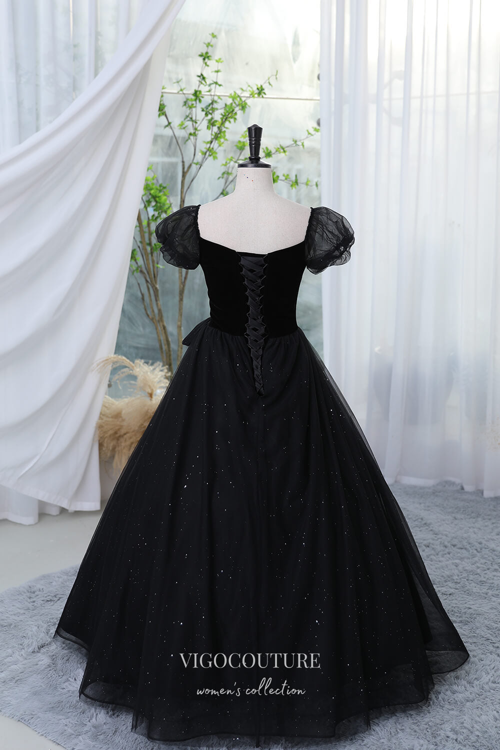 Black Sparkly Prom Dress with Puffed Sleeve 22290 Black Sparkly Prom Dress with Puffed Sleeve 22290