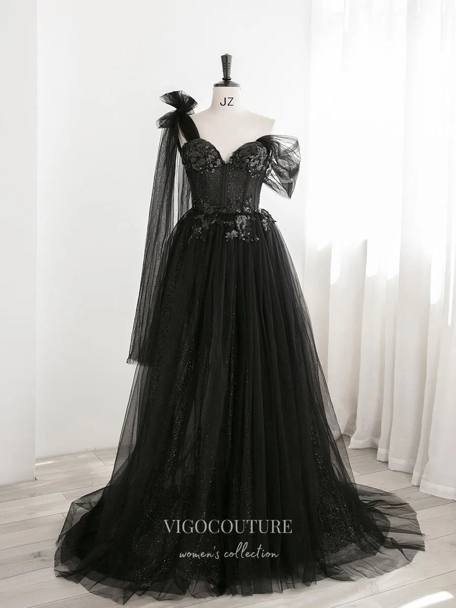 black sparkly wedding dress Black Sparkly Tulle Prom Dresses One Shoulder Formal Dresses 21323 Black / US2