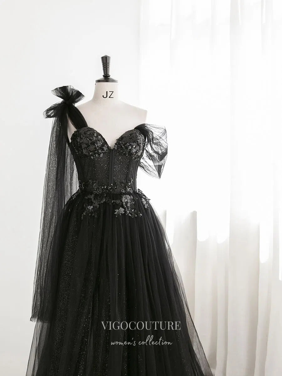 Prom Dress 2025 Black Sparkly Tulle Prom Dresses One Shoulder Formal Dresses 21323-unique elegant Prom Dresses-Black-US2-vigocouture