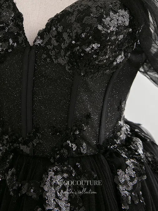 Prom Dress 2025 Black Sparkly Tulle Prom Dresses One Shoulder Formal Dresses 21323-unique elegant Prom Dresses-Black-US2-vigocouture