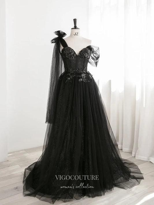 Prom Dress 2025 Black Sparkly Tulle Prom Dresses One Shoulder Formal Dresses 21323-unique elegant Prom Dresses-Black-US2-vigocouture