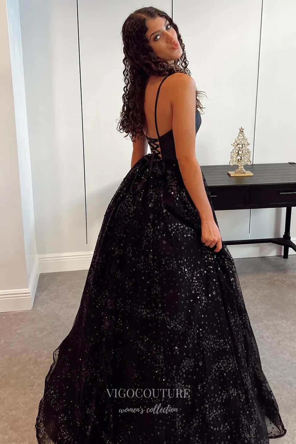 Black Sparkly Tulle Prom Dresses Spaghetti Strap Formal Gown 21882
