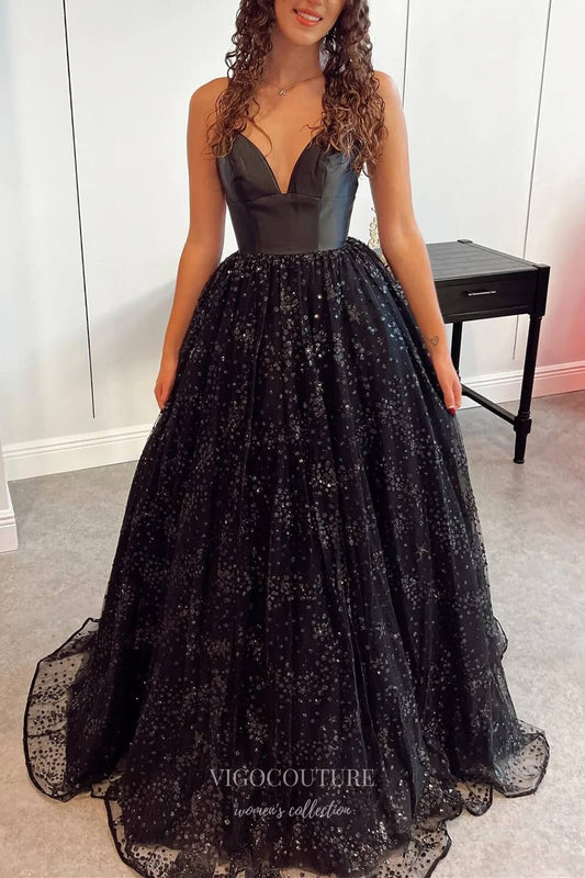 Prom Dress 2025 Black Sparkly Tulle Prom Dresses Spaghetti Strap Formal Gown 21882-unique elegant Prom Dresses-Black-US2-vigocouture