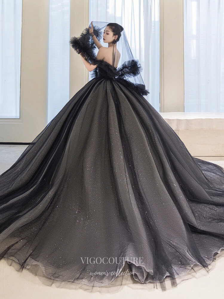 Black Sparkly Tulle Prom Dresses Strapless Formal Gown 21904 – vigocouture