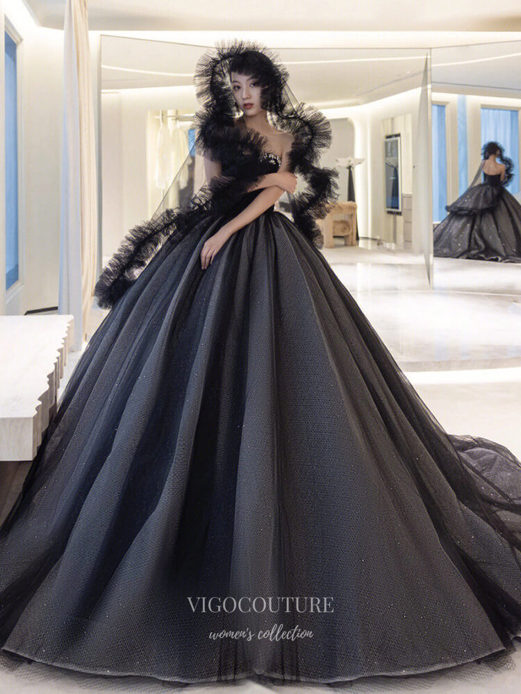 Prom Dress 2025 Black Sparkly Tulle Prom Dresses Strapless Formal Gown 21904-unique elegant Prom Dresses-Black-US2-vigocouture