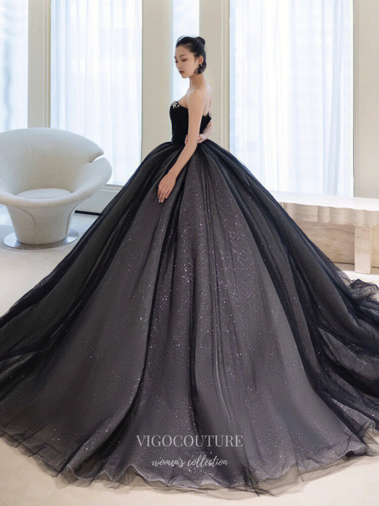 Prom Dress 2025 Black Sparkly Tulle Prom Dresses Strapless Formal Gown 21904-unique elegant Prom Dresses-Black-US2-vigocouture