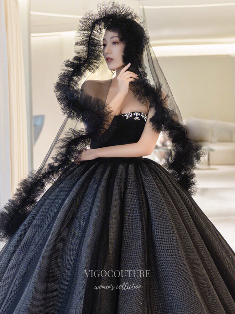 Prom Dress 2025 Black Sparkly Tulle Prom Dresses Strapless Formal Gown 21904-unique elegant Prom Dresses-Black-US2-vigocouture