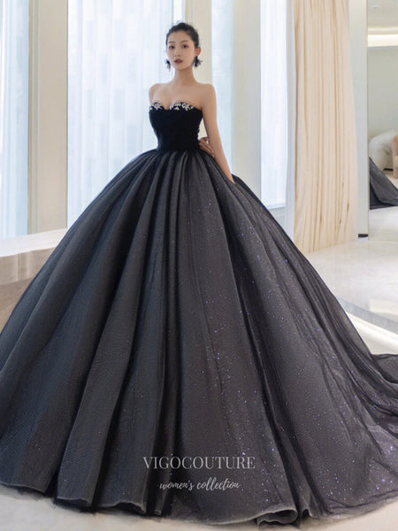 Black Sparkly Tulle Prom Dresses Strapless Formal Gown 21904 – vigocouture