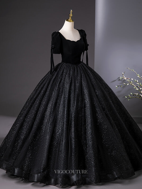 Black Sparkly Tulle Prom Dresses with Puffed Sleeve, Velvet Bodice, Qu – vigocouture