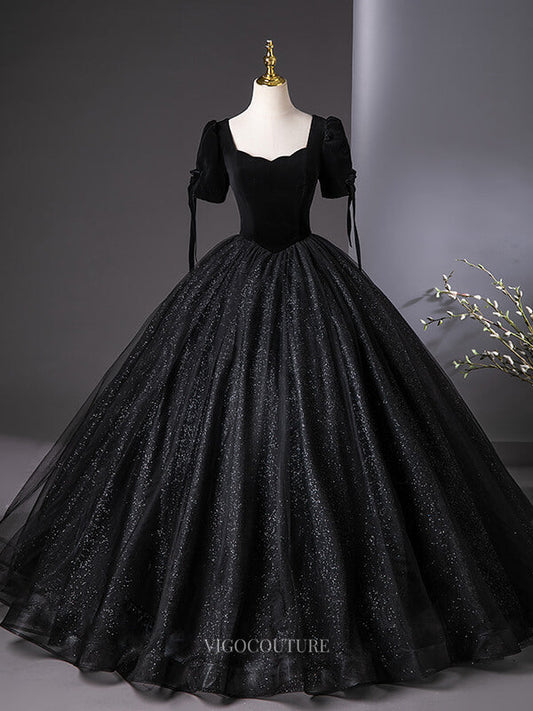 Prom Dresses 2025 to impress Black Sparkly Tulle Prom Dresses with Puffed Sleeve, Velvet Bodice, Quinceanera Dresses BG043-vigocouture-Black-Custom Size-vigocouture