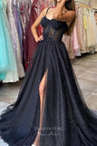 Prom Dress 2025 Black Sparkly Tulle Prom Dresses With Slit Spaghetti Strap Evening Dress 21784-unique elegant Prom Dresses-Black-US2-vigocouture