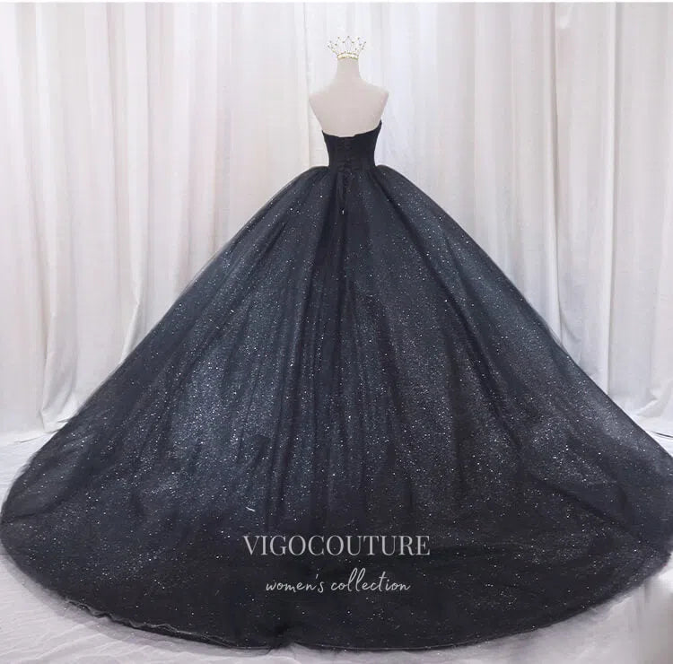 Prom Dress 2025 Black Sparkly Tulle Quinceanera Dresses Strapless Prom Ball Gown 22039-unique elegant Prom Dresses-Black-US2-vigocouture