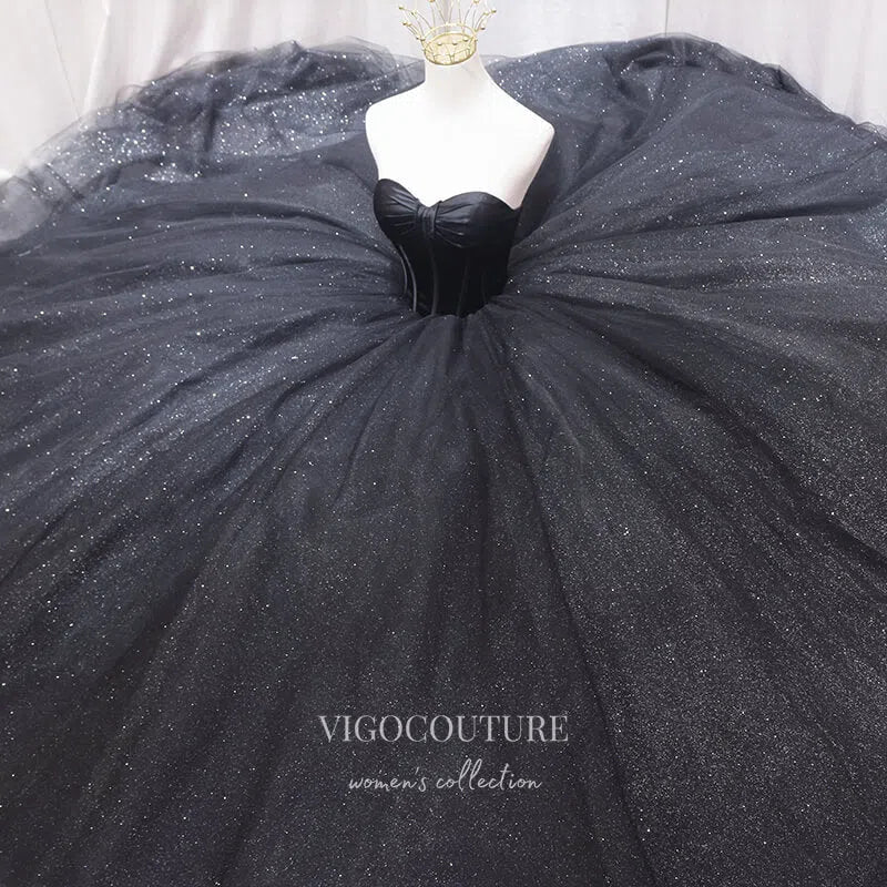 Prom Dress 2025 Black Sparkly Tulle Quinceanera Dresses Strapless Prom Ball Gown 22039-unique elegant Prom Dresses-Black-US2-vigocouture