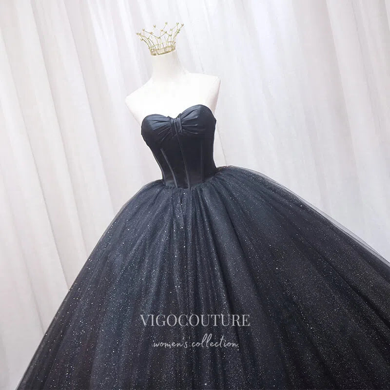 Prom Dress 2025 Black Sparkly Tulle Quinceanera Dresses Strapless Prom Ball Gown 22039-unique elegant Prom Dresses-Black-US2-vigocouture