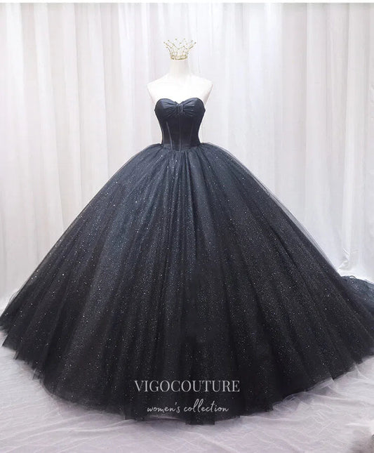 Prom Dress 2025 Black Sparkly Tulle Quinceanera Dresses Strapless Prom Ball Gown 22039-unique elegant Prom Dresses-Black-US2-vigocouture