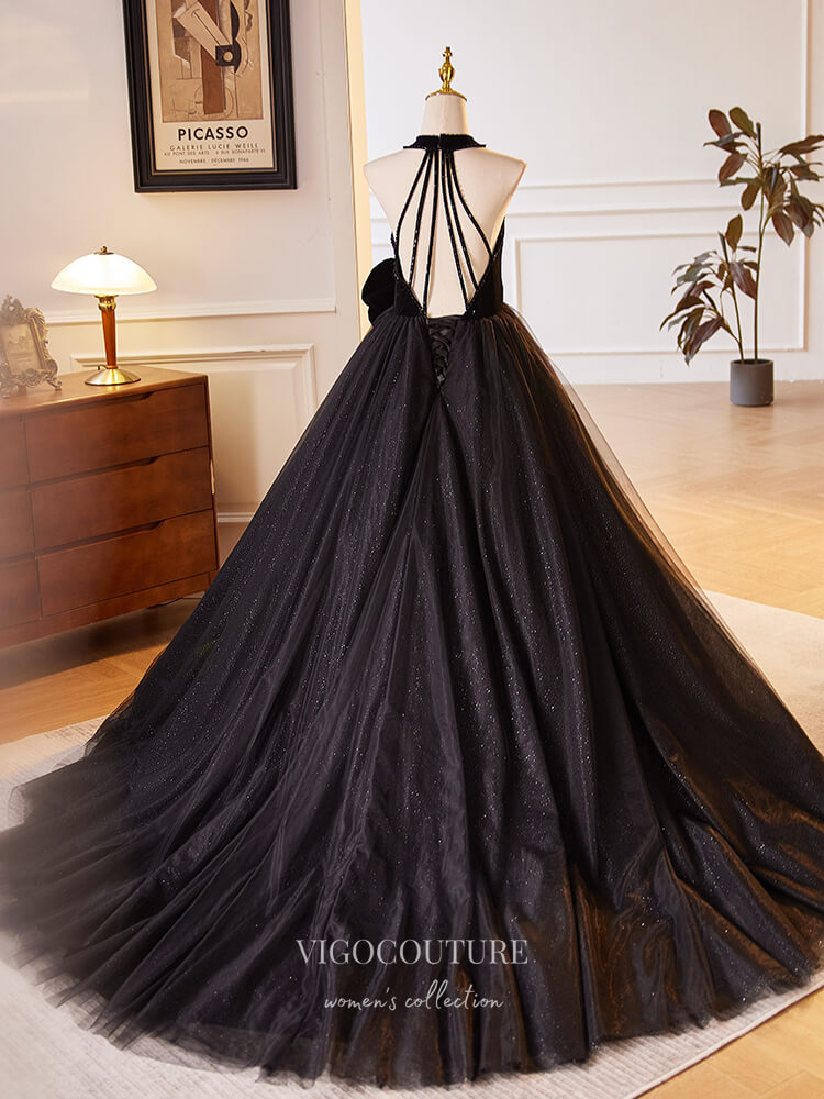 Black Sparkly Tulle Rosette Prom Dresses Velvet Halter Neck Quinceanera Dress 24401 Custom Colors / 24W Black Sparkly Tulle Rosette Prom Dresses Velvet Halter Neck Quinceanera Dress 24401 Custom Colors / 24W