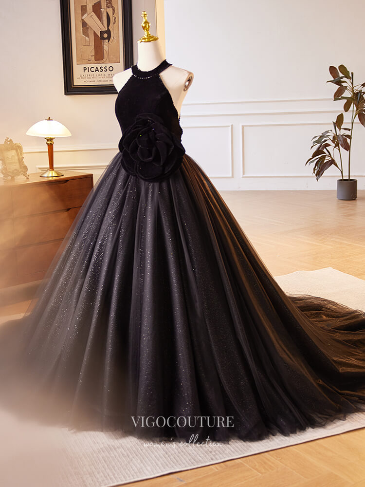 Prom Dress 2025 Black Sparkly Tulle Rosette Prom Dresses Velvet Halter Neck Quinceanera Dress 24401-unique elegant Prom Dresses-Black-Custom Size-vigocouture