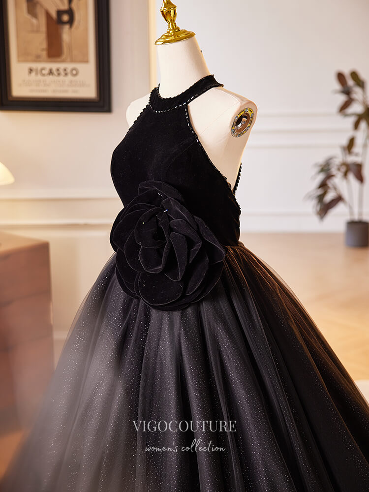 Prom Dress 2025 Black Sparkly Tulle Rosette Prom Dresses Velvet Halter Neck Quinceanera Dress 24401-unique elegant Prom Dresses-Black-Custom Size-vigocouture