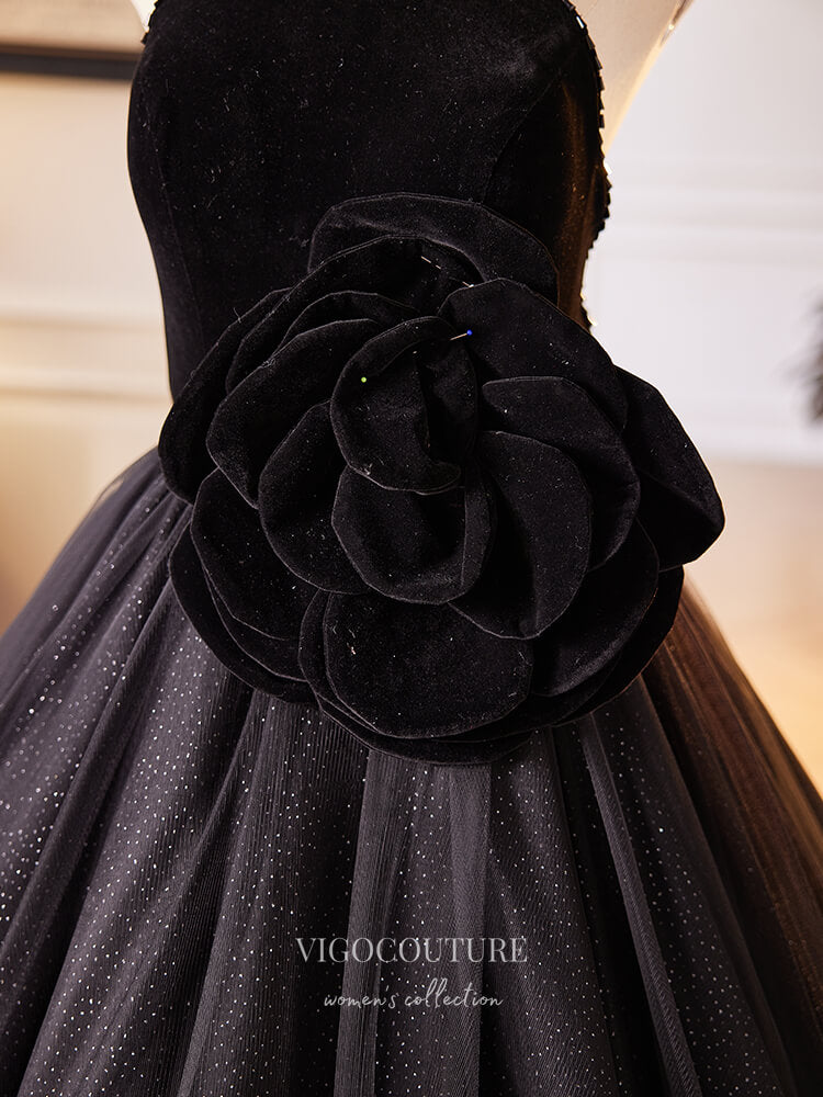 Prom Dress 2025 Black Sparkly Tulle Rosette Prom Dresses Velvet Halter Neck Quinceanera Dress 24401-unique elegant Prom Dresses-Black-Custom Size-vigocouture