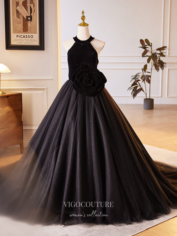 Prom Dress 2025 Black Sparkly Tulle Rosette Prom Dresses Velvet Halter Neck Quinceanera Dress 24401-unique elegant Prom Dresses-Black-Custom Size-vigocouture