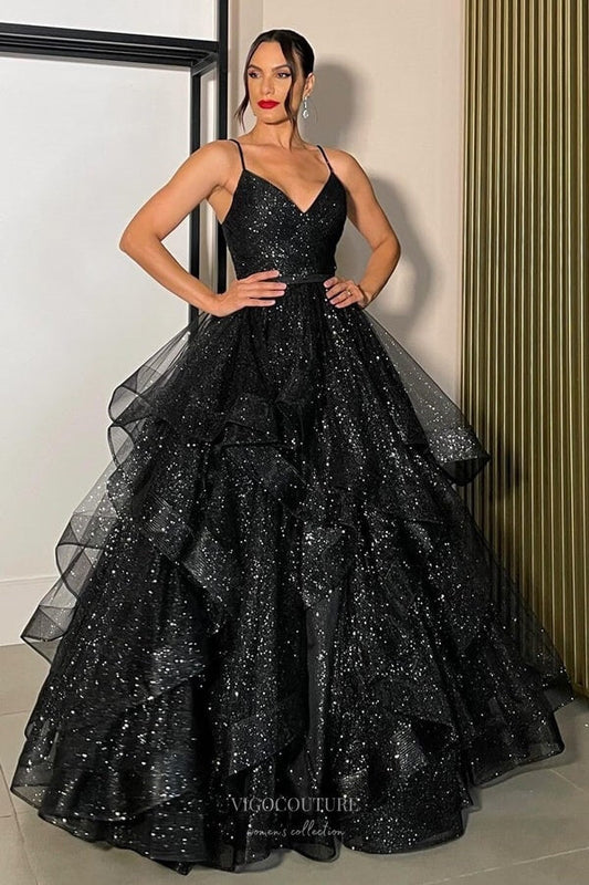 Prom Dress 2025 Black Sparkly Tulle Ruffled Prom Dresses Spaghetti Strap Evening Gown 24015-unique elegant Prom Dresses-Black-Custom Size-vigocouture