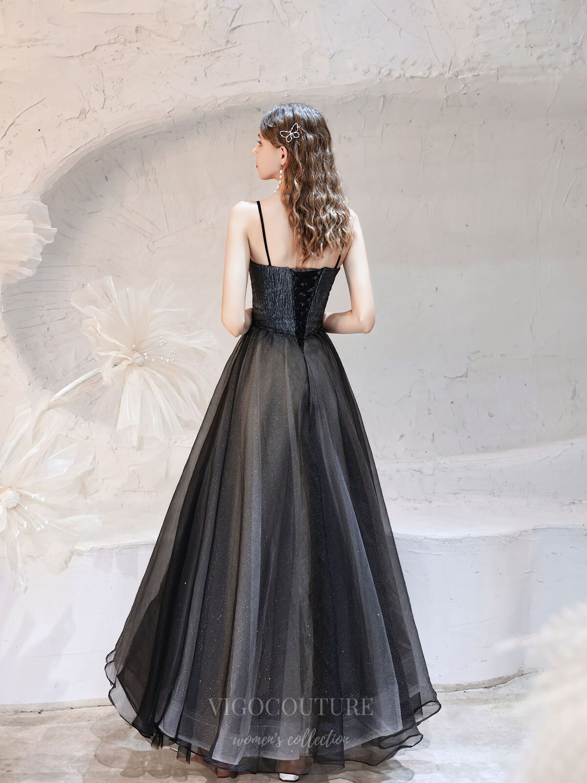 Prom Dress 2025 Black Sparkly Tulle Spaghetti Strap Prom Dress 20747-unique elegant Prom Dresses-Black-US2-vigocouture