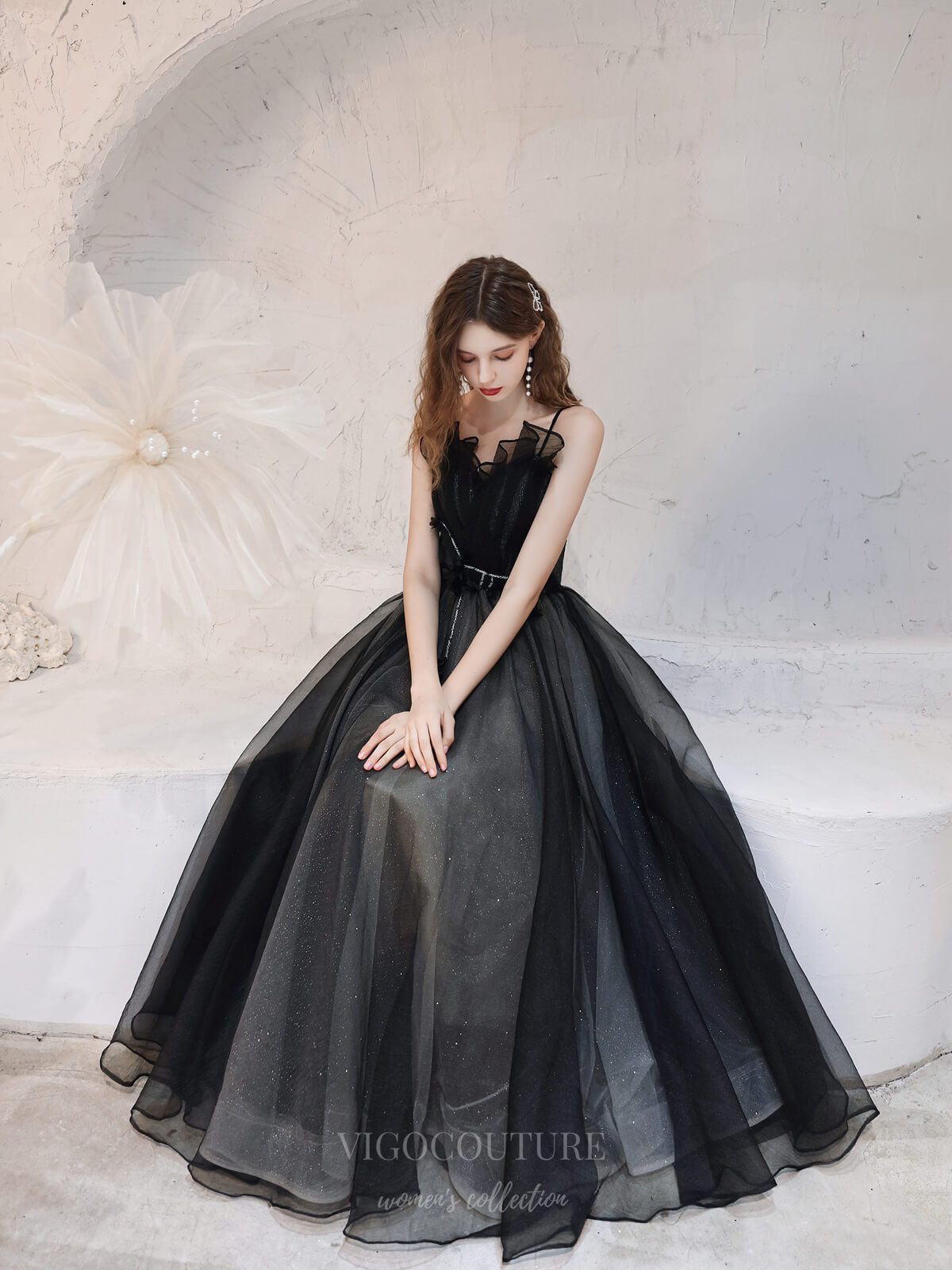 Prom Dress 2025 Black Sparkly Tulle Spaghetti Strap Prom Dress 20747-unique elegant Prom Dresses-Black-US2-vigocouture